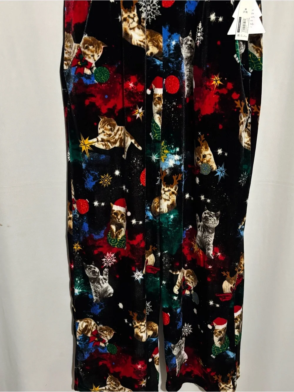 No Boundaries M (7-9) Black Velvet Holiday Cat Print Festive Colorful Jumpsuit